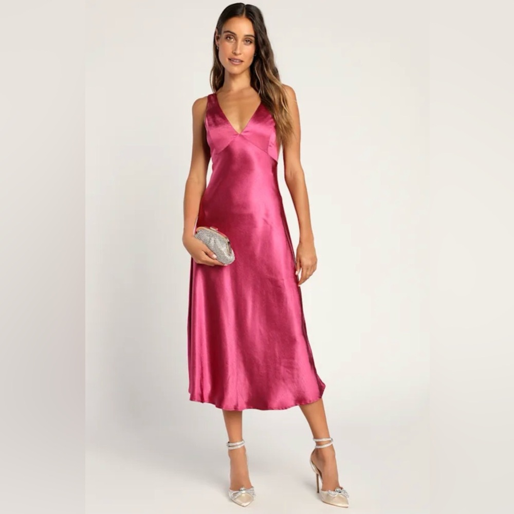 Incredible Love Magenta Satin Cowl Back Midi Slip Dress Large